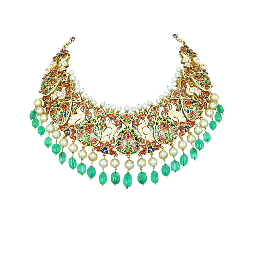 Polki Necklace Set with Red Stones, Emerald Beads, and Pearls